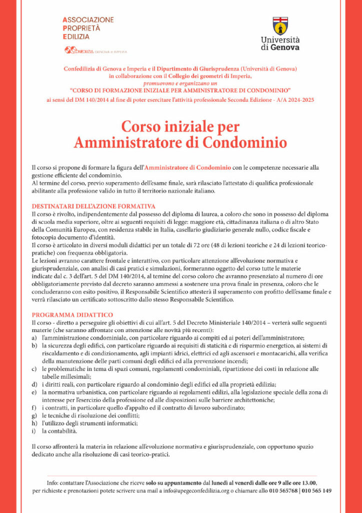 Corso iniziale per Amministratore di Condominio locandina ottobre novembre 2024 APE Confedilizia Genova e provincia